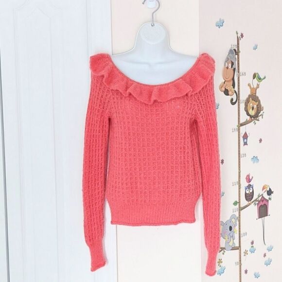 ANTHROPOLOGIE textured ruffle boat neckline off shoulder coral sweater Small - Picture 6 of 11